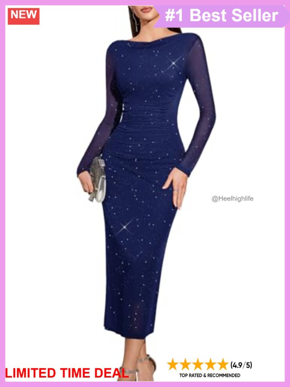 Glitter Mesh Long Sleeve Ruched Bodycon Midi Dress for Cocktail Wedding